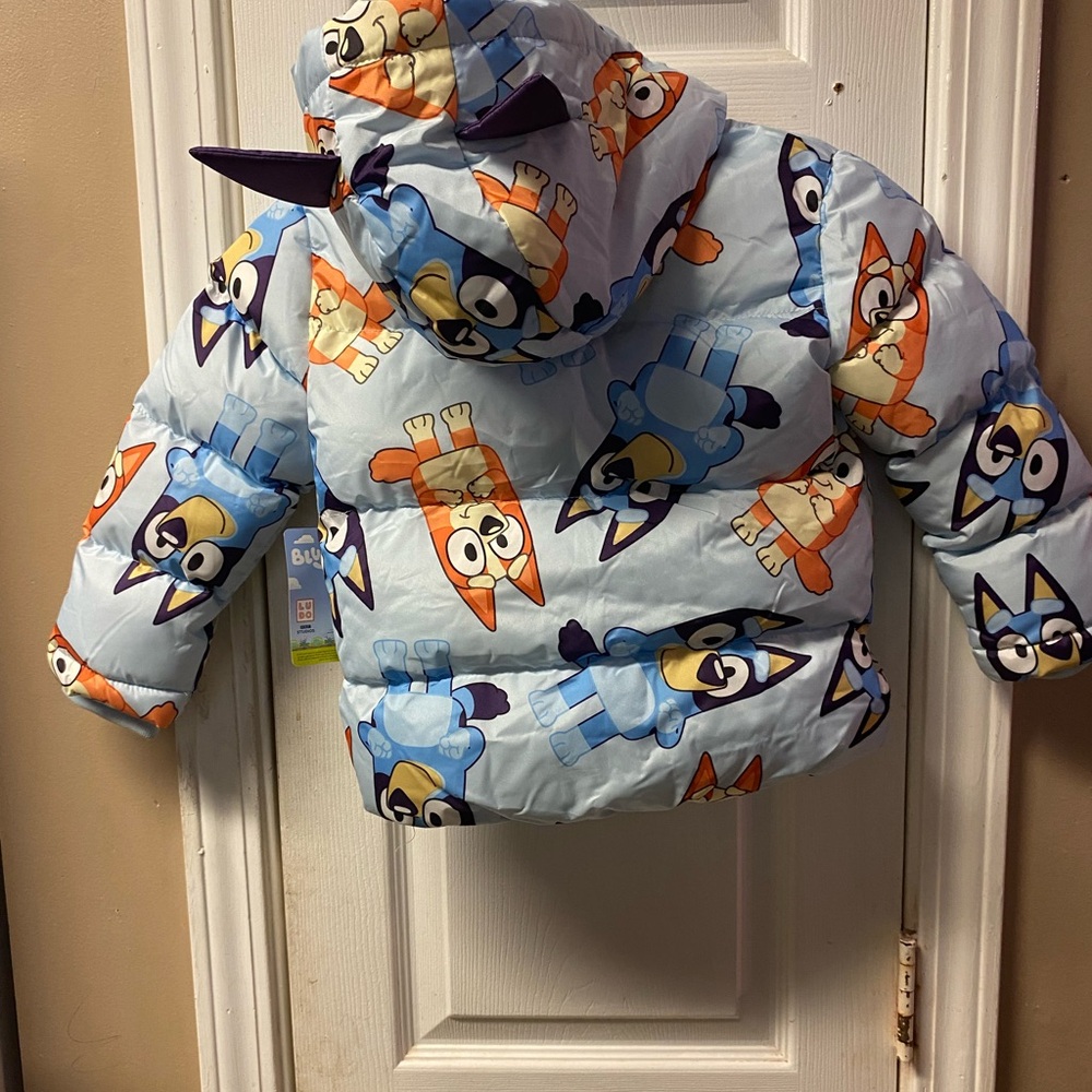 Bluey Puffer Jacket for Kids - Light Blue Printed Hooded Coat - Picture 2 of 7